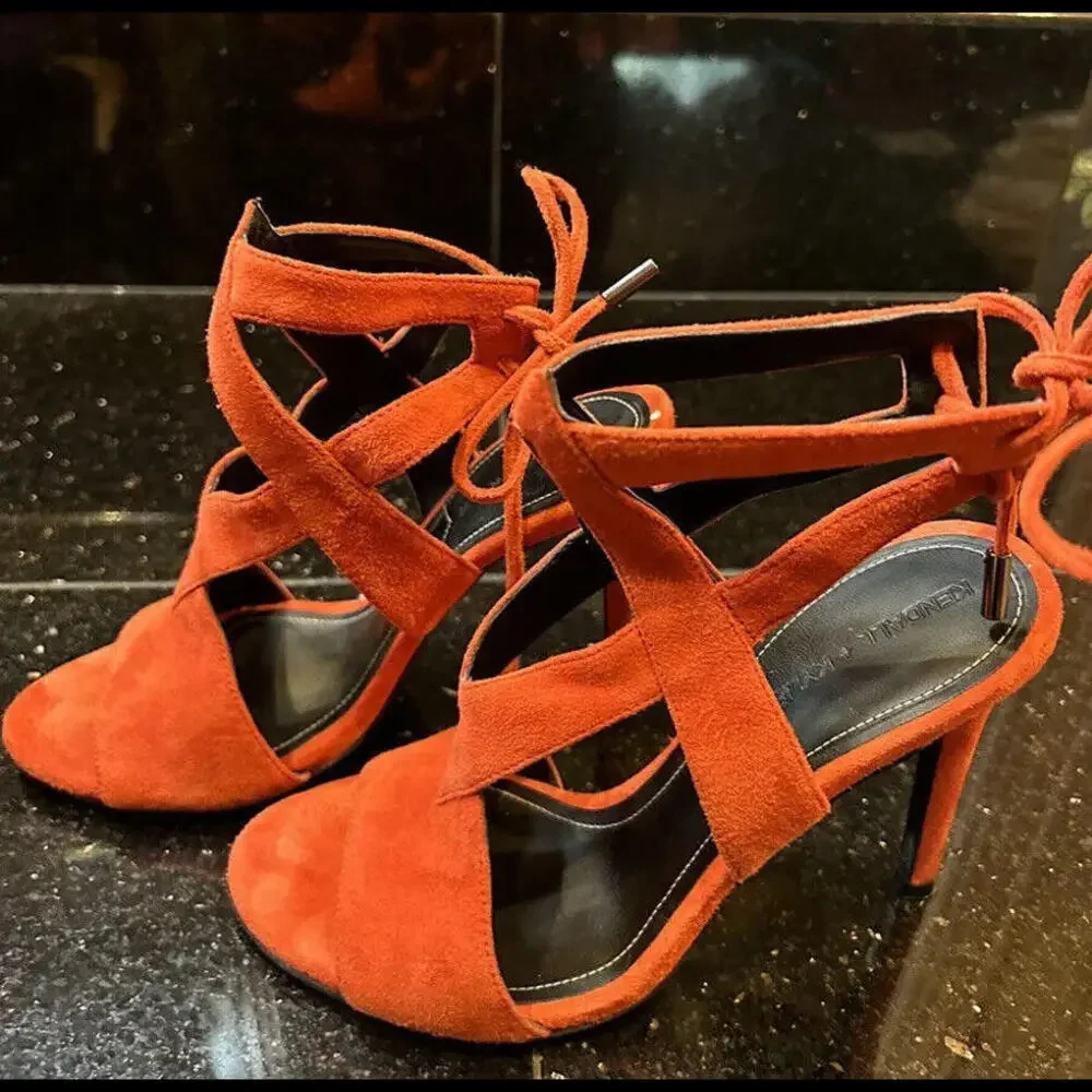 😎🧡Orange Ankle Tie Open Toe Stiletto Suede 4” Heels Kendall And Kylie Size 5.5